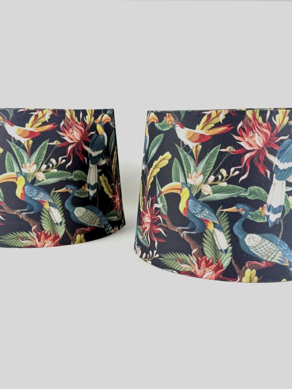 Tropical Bird Lamp Shades Pair Parrot Toucan Round Fabric Home Decor Accent